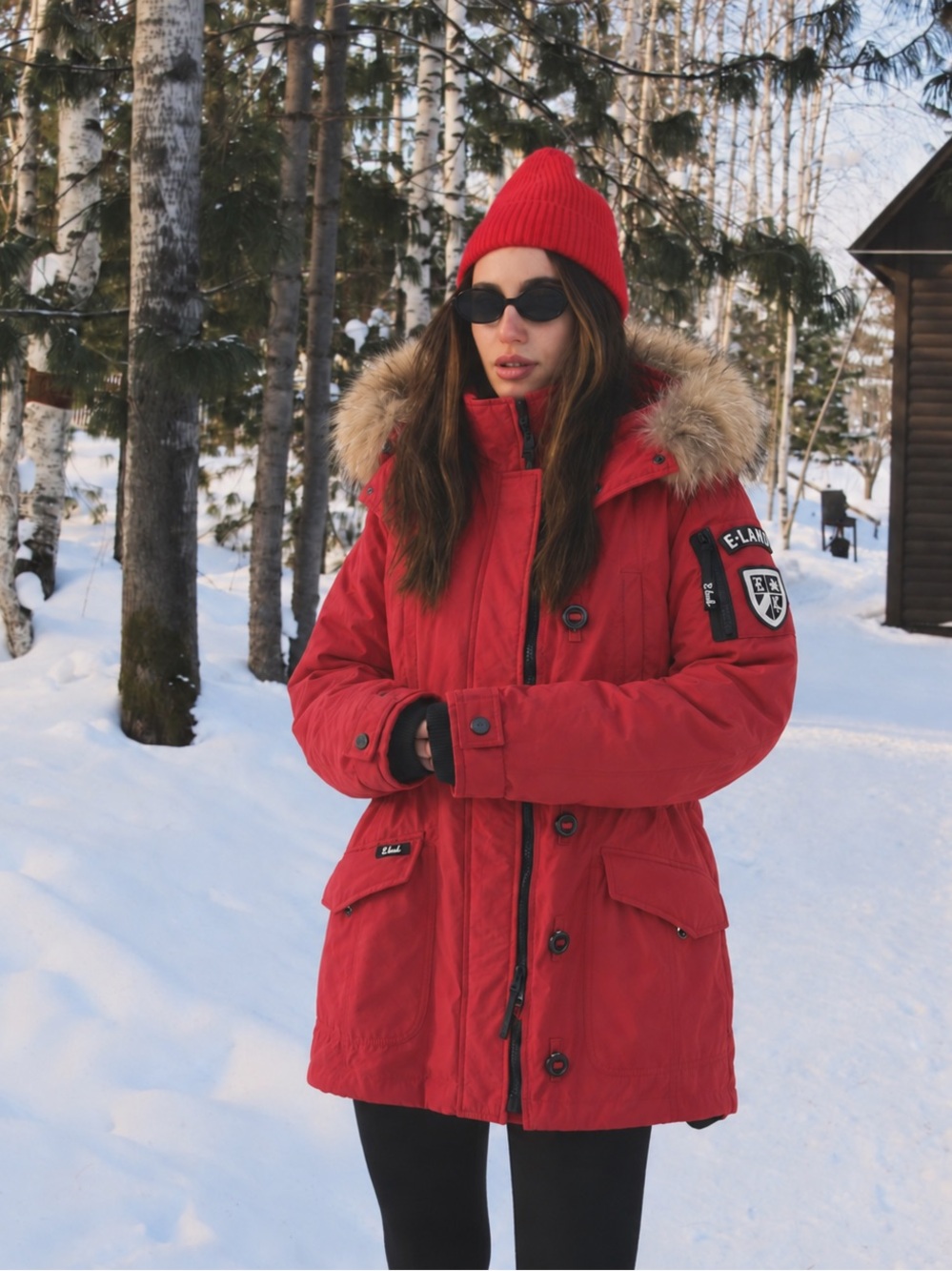 E-LAND Red Duck Down Parka Raccoon Fur Hood NWT Women’s S
